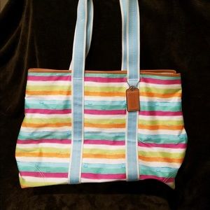Coach multi color striped beach bag tote